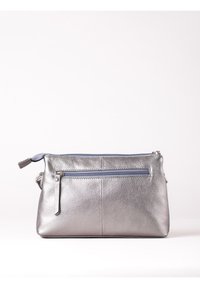 Metallic silver handbag with a textured finish, featuring a blue zipper and a front pocket. Rectangular shape with a sleek design.