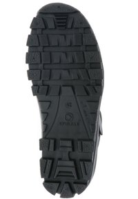 Schwarze Gummisohle mit einem robusten Profilmuster. Hat erhabene Bereiche und Rillen für besseren Halt. Enthält das Markenlogo "SPIRALE."