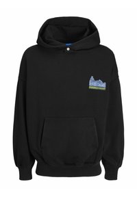Sort hættetrøje med en frontlomme, justerbar hætte og et grafisk design på venstre bryst med blå bygninger og grøn tekst.