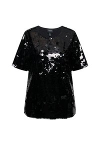Top nero in sequins con maniche corte, scollatura tonda e vestibilità ampia. Presenta una superficie lucida e testurizzata creata da paillettes circolari sovrapposte.