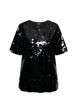 Top nero in sequins con maniche corte, scollatura tonda e vestibilità ampia. Presenta una superficie lucida e testurizzata creata da paillettes circolari sovrapposte.