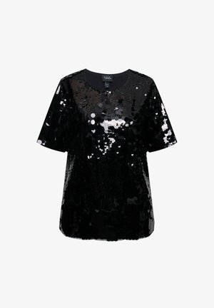 Top nero in sequins con maniche corte, scollatura tonda e vestibilità ampia. Presenta una superficie lucida e testurizzata creata da paillettes circolari sovrapposte.