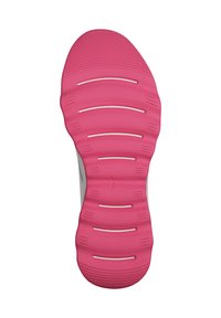Suola della scarpa in gomma rosa con scanalature orizzontali e dettagli bianchi. Il design presenta una forma arrotondata e una superficie testurizzata per una migliore aderenza.