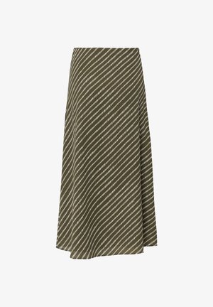 Midi-langer olivgrüner Rock mit weißem diagonalen Streifenmuster und A-Linien-Silhouette.