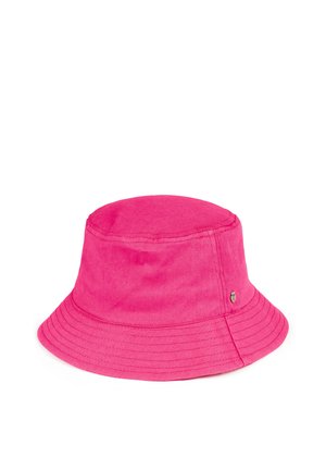 Heller pinker Bucket Hat aus Baumwolle. Weiche Textur mit einem breiten, schlaffen Rand und gestickten Details. Kleines, metallisches Logo an der Seite.