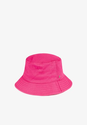 Heller pinker Bucket Hat aus Baumwolle. Weiche Textur mit einem breiten, schlaffen Rand und gestickten Details. Kleines, metallisches Logo an der Seite.