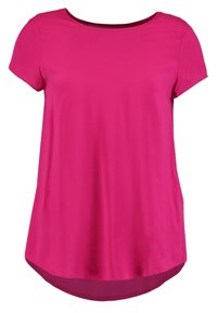 Top rosa de manga corta, fabricado en tejido suave, con un escote redondo y un bajo ligeramente curvado para un ajuste relajado.