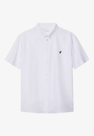 Chemise blanche à manches courtes avec boutons, avec un petit logo d'oiseau noir sur la poitrine gauche et un col boutonné.