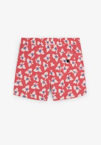 Red swim shorts with a floral pattern in white and blue. Elastic waistband, side pocket, and a patch pocket on the back. Smooth texture.