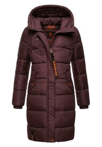 Burgundy puffer coat with a hood, zippered pockets, ribbed cuffs, and orange accent details. Quilted texture throughout the fabric.