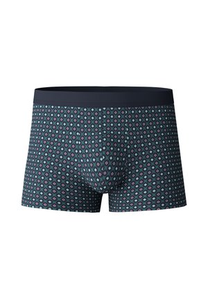 Boxershorts in donker marineblauw met een geometrisch patroon van kleine diamanten in blauwgroen en bordeauxrood. Zachte stof en elastische tailleband.
