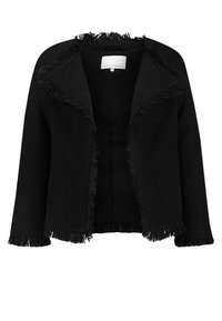 Veste noire texturée à ouverture frontale, détails en franges le long des bords, et coupe décontractée. Doublure intérieure lisse, sans fermetures.