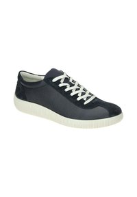 Zapatillas de cuero azul marino con cordones blancos, superficie texturizada, punta redondeada y suela de goma estriada. Acentos de ante en los lados.