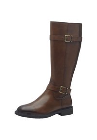 Botte en cuir marron montant jusqu'au genou, avec un bout rond, deux sangles réglables avec boucle et une semelle en caoutchouc texturée. Fini lisse.