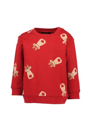 Sweat-shirt rouge à manches longues pour tout-petit avec motif de visages de rennes beige et poignets et ourlet côtelés, avec boutons-pression à l'épaule.