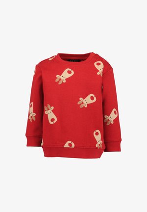 Rød langærmet sweatshirt til småbørn med beige rensdyransigter mønster og ribkant ved ærmer og bund, med trykknapper på skulderen.