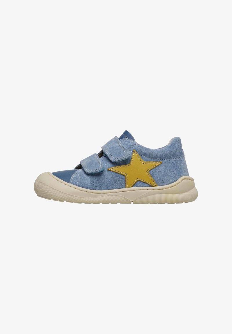Blue suede shoe with two velcro straps, featuring a yellow star accent on the side and a textured white rubber sole.