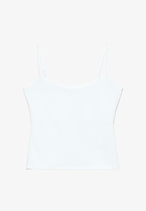 Fehér kivágott felső vékony, állítható spagettipántokkal és egyenes nyakkivágással.