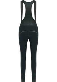 Čierne cyklistické nohavice s trakmi, s priedušným sieťovaným vrchom, podšívkou na sedadlo, reflexnými prvkami a prispôsobeným strihom pre pohodlie počas jazdy.