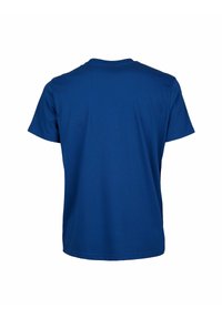 T-shirt in cotone blu con maniche corte, design a girocollo e texture liscia. Nessun motivo o accento visibile.