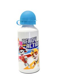 Bouteille d'eau en plastique blanc avec un couvercle bleu, ornée de chiens en dessin animé et du texte "PRÊT À AGIR" en lettres colorées et en gras.