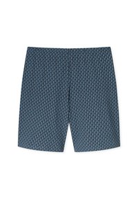 Marineblaue Badeshorts mit einem sich wiederholenden, hellblauen Segelbootmuster. Hergestellt aus schnell trocknendem Material, mit einem elastischen Bund und geradem Schnitt.