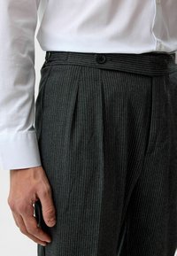 Grijze broek met pinstripes en plooien, voorzien van een knoopsluiting en een subtiele glans. Draagt een wit overhemd met lange mouwen.