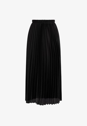 Black pleated skirt with an elastic waistband, made from lightweight fabric. Features vertical pleats and a flowing design.