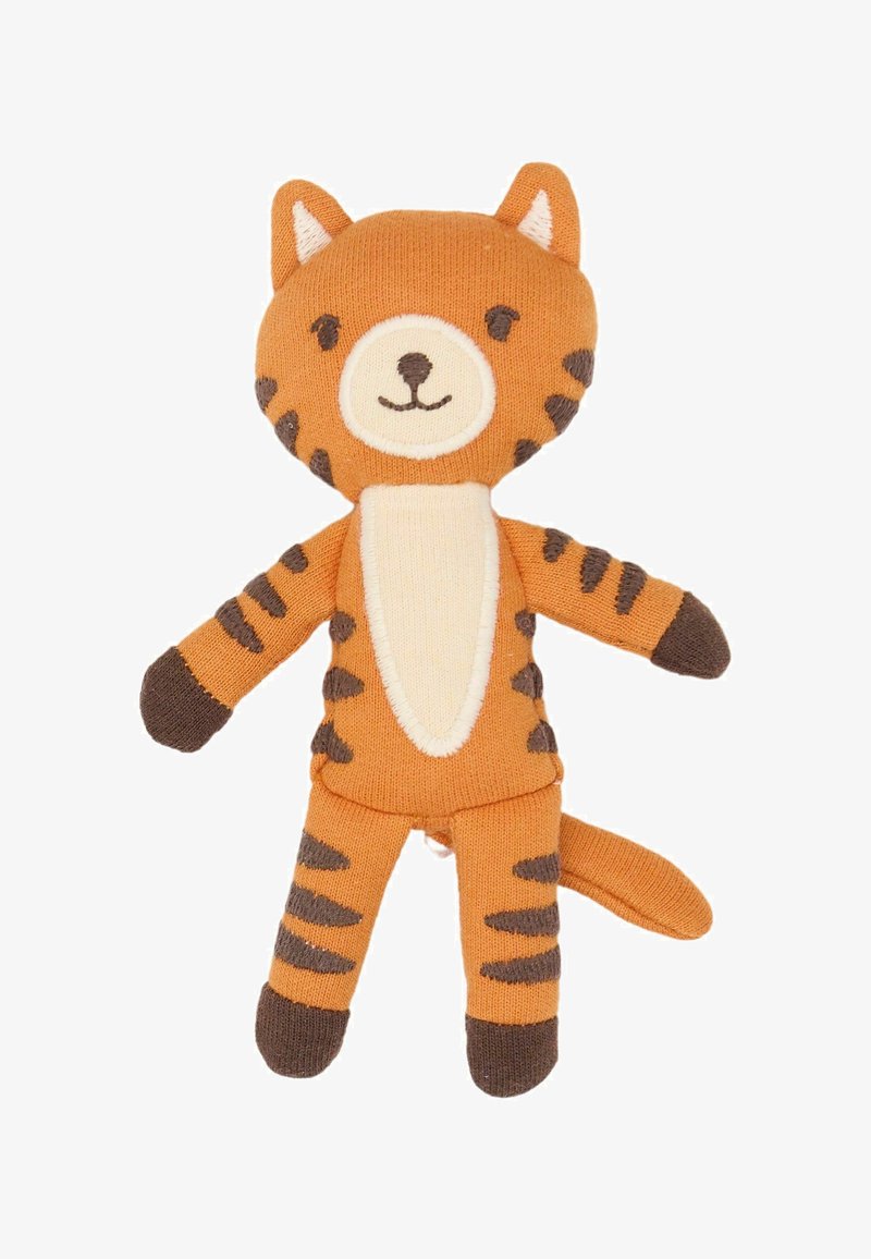 Mehakasta plišasta igrača, ki spominja na mačko z oranžno telo, smetanasto trebuhom in rjavimi črtami. Ima šivane podrobnosti obraza in koničaste ušesa.