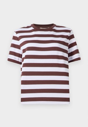 T-shirt à manches courtes avec des rayures horizontales bordeaux et blanches, col rond et coupe décontractée. Fabriqué en coton doux.