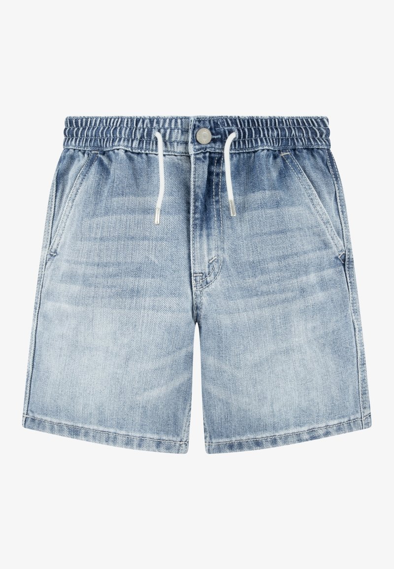 Short en jean bleu clair avec taille élastique, cordon blanc, fermeture par bouton et poches latérales.