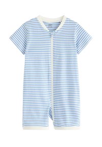 Stripet kortærmet jumpsuit i lys blå og hvid, har en front lynlås og blødt stof med en glat tekstur.