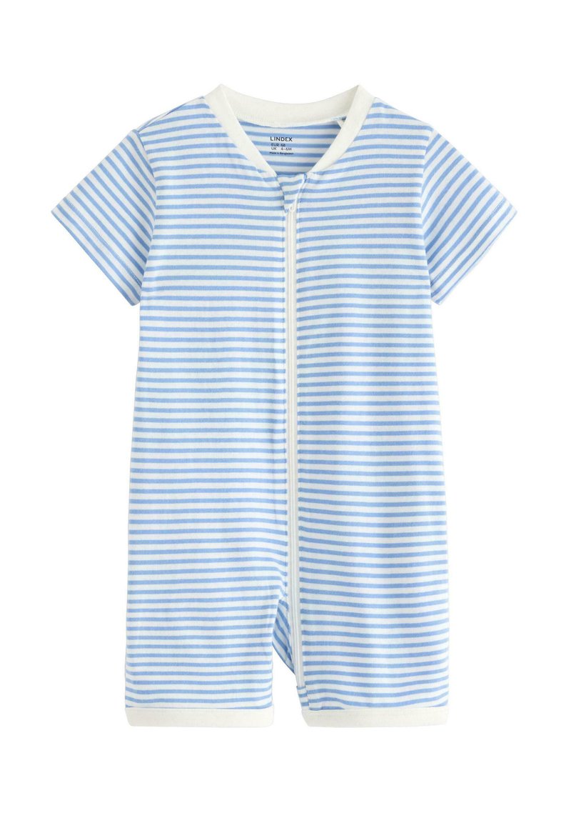 Stripet kortærmet jumpsuit i lys blå og hvid, har en front lynlås og blødt stof med en glat tekstur.