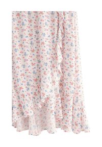 Blomsterkjole i let, tekstureret stof. Lys pink bund med små blå og pink blomster. Volang kant detaljer tilføjer bevægelse.