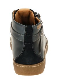 Dark blue leather ankle boot with suede accents, side zip closure, brown rubber sole, and stitched detailing around the heel.