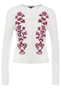 Valkoinen neuletakki, jossa on viininpunaisia kukka-ompeluja, napit edessä, pitkät hihat ja pyöreä kaula-aukko. Pehmeä, teksturoitu kangas.