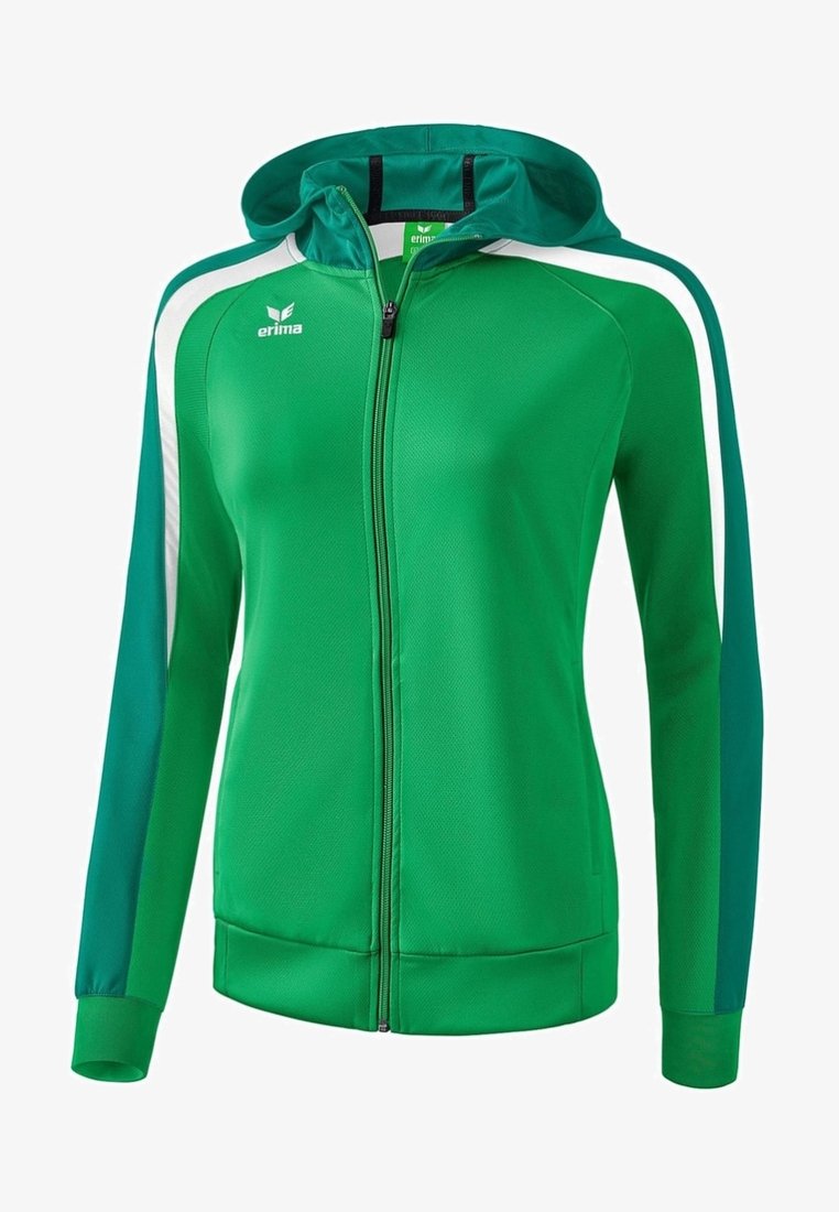 Veste à capuche zippée verte avec des bandes blanches et vert foncé sur les manches, poches latérales et logo Erima sur la poitrine gauche.