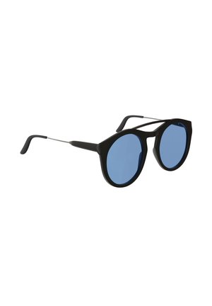Black sunglasses with round blue tinted lenses and thin metal arms, featuring black plastic ear tips.
