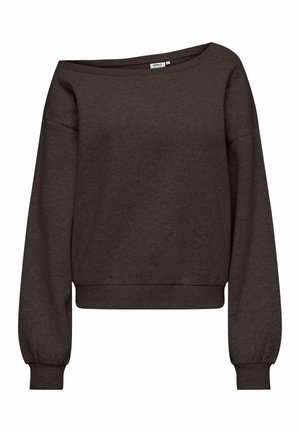 Mørk brun off-shoulder genser med lange ermer, ribbestrikkede mansjetter og kant, avslappet passform, laget av mykt stoff.