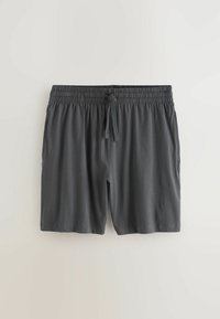 Graue Sportshorts mit elastischem Bund und verstellbarem Kordelzug. Glatte Textur, Oberschenkel-lange Länge, minimalistisches Design.