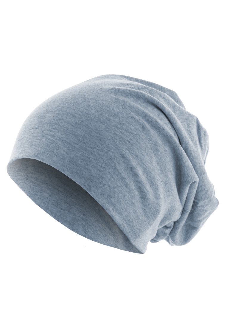 Világoskék, puha pamut beanie, laza fazonnal és gyűjtött textúrával, sima és enyhén rugalmas anyaggal.