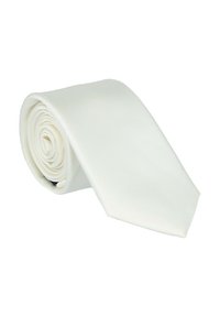 White silk tie, rolled up. Smooth texture, narrow end tapering to a point. Simple, solid design without patterns or embellishments.