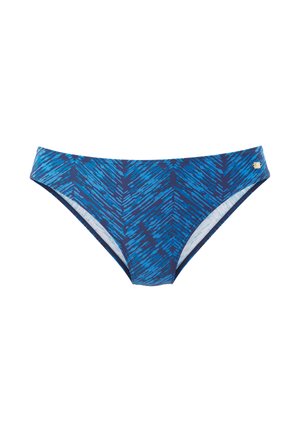 Blue patterned bikini bottom featuring a navy base with light blue zigzag stripes. Material is smooth, designed for swimwear.