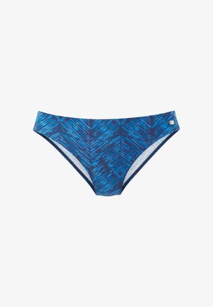 Bas de bikini à motifs bleus, avec une base marine et des rayures en zigzag bleues claires. Le matériau est lisse, conçu pour les maillots de bain.