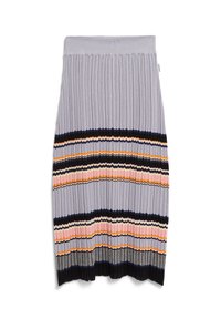 Gebreide geribde rok in lichtgrijs, met horizontale strepen in zwart, oranje, roze en wit. Golfrand detail aan de onderkant.
