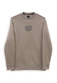 Sudadera beige con cuello redondo, puños y cintura de canalé. Presenta un logo emblema y diseño de laurel en el pecho. Textura suave.