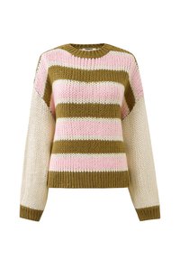Strickpullover mit breiten Streifen in olivgrün, sanftem Rosa und Creme. Mit Rundhalsausschnitt und lockeren, langen Ärmeln mit gerippten Bündchen.