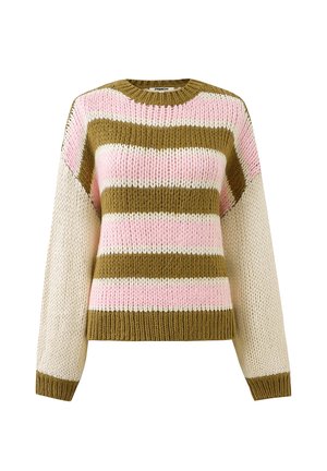 Pull en tricot à rayures larges vert olive, rose doux et crème. Doté d'un col rond et de manches longues amples avec des poignets côtelés.