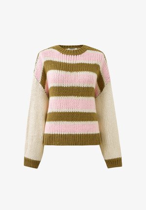 Pull en tricot à rayures larges vert olive, rose doux et crème. Doté d'un col rond et de manches longues amples avec des poignets côtelés.