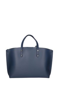 Marineblauwe boodschappentas van glad materiaal, met twee ronde handvatten, metalen accenten en een brede, open ontwerp zonder opvallende patronen.
